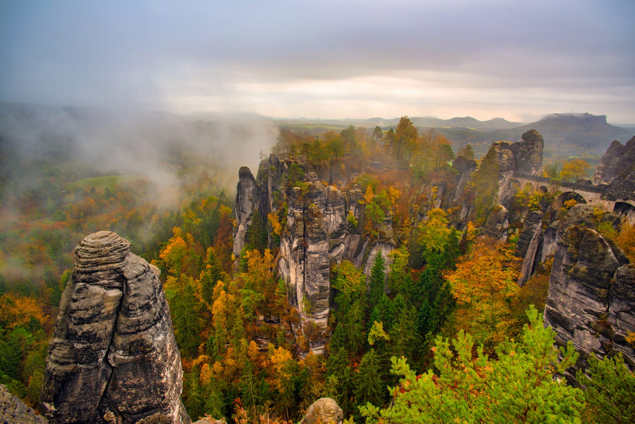 Amazing autumn scenery of the Bastei bridge, Saxon Switzerland National ...